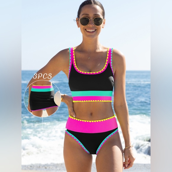 Black and Pink Sporty Bikini with Decorative Trim - Picture 1 of 7